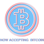 Circular Bitcoin symbol in red and blue with text reading 'Now Accepting Bitcoin